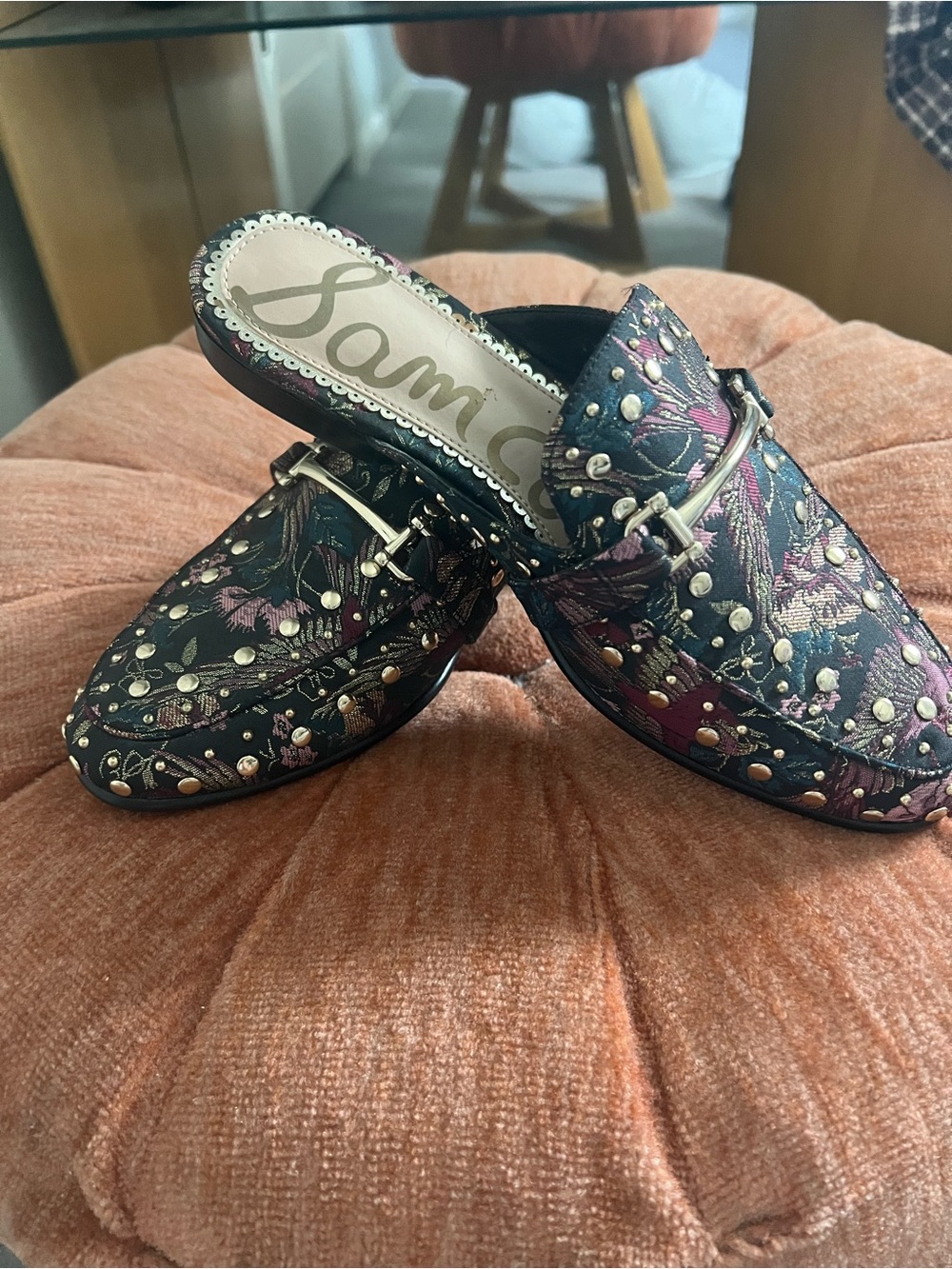 Sam Edelman Black Floral Studded Mule with Metallic Buckle